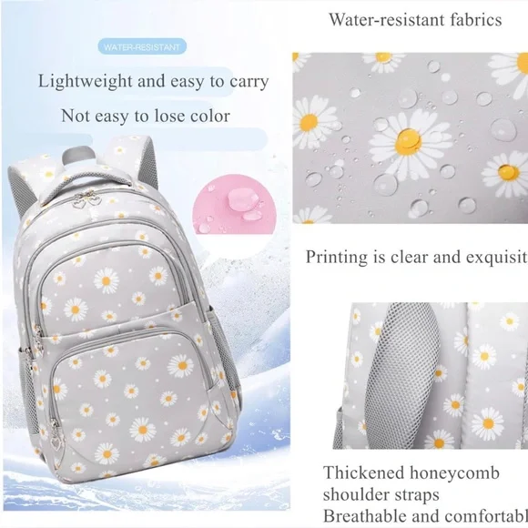 NWT 3Pcs Daisy Prints Backpack Bookbag set, AVAILABLE IN GREY AND BLACK